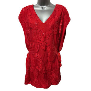 Eva Franco for Anthropologie Red Floral Sequins with ties on side Top in size 6
